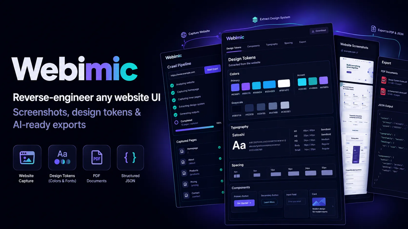 Webimic — An automated design-analysis platform that crawls any live website and extracts its colors, typography, spacing and animations into structured tokens, PDF design documents and an AI-ready JSON file.